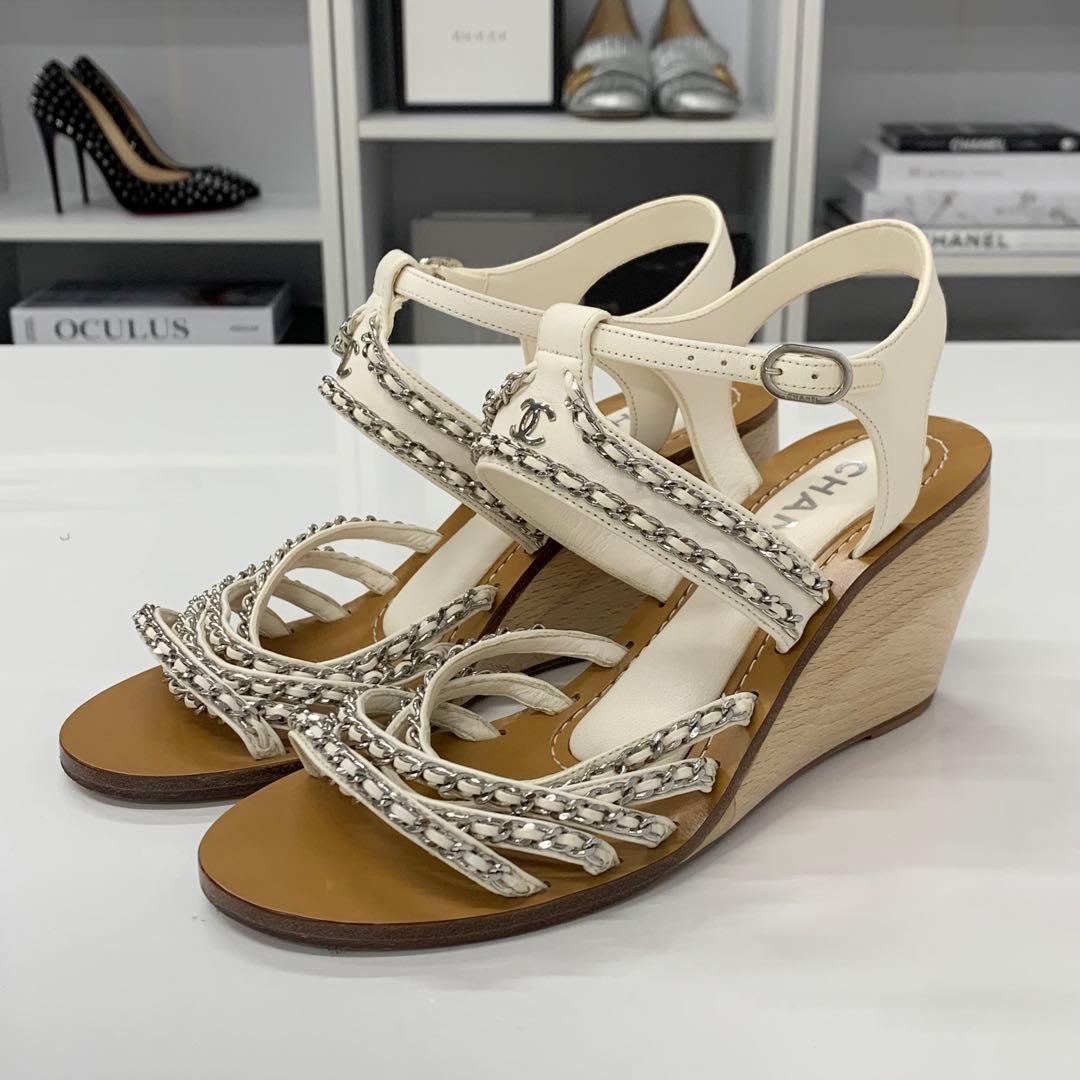 Chanel Leather Wood Coco Mark Chain Wedge Sole Sandals