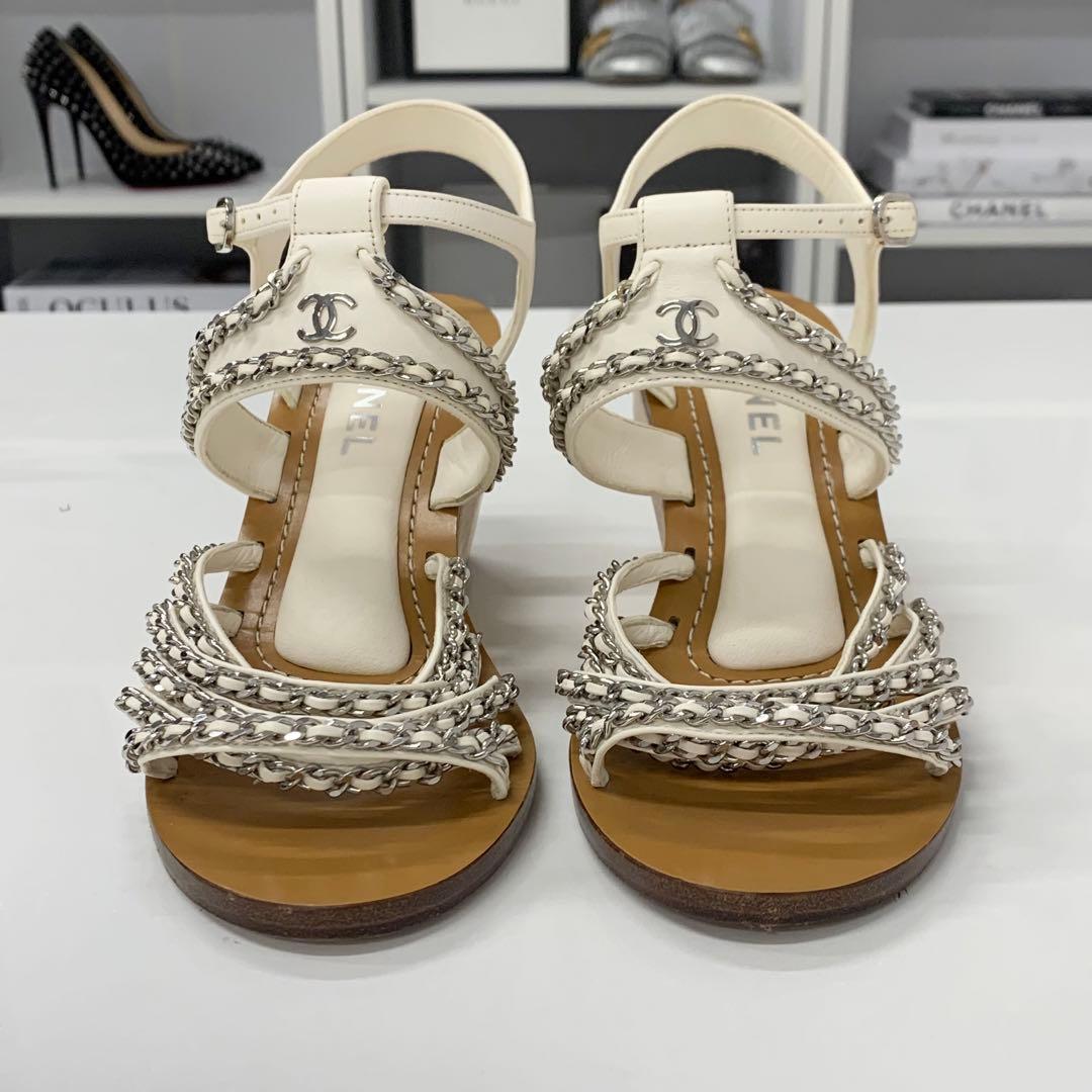 Chanel Leather Wood Coco Mark Chain Wedge Sole Sandals