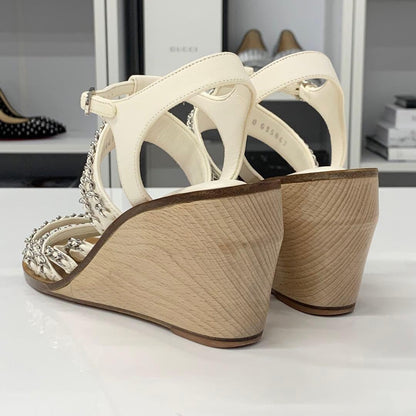 Chanel Leather Wood Coco Mark Chain Wedge Sole Sandals