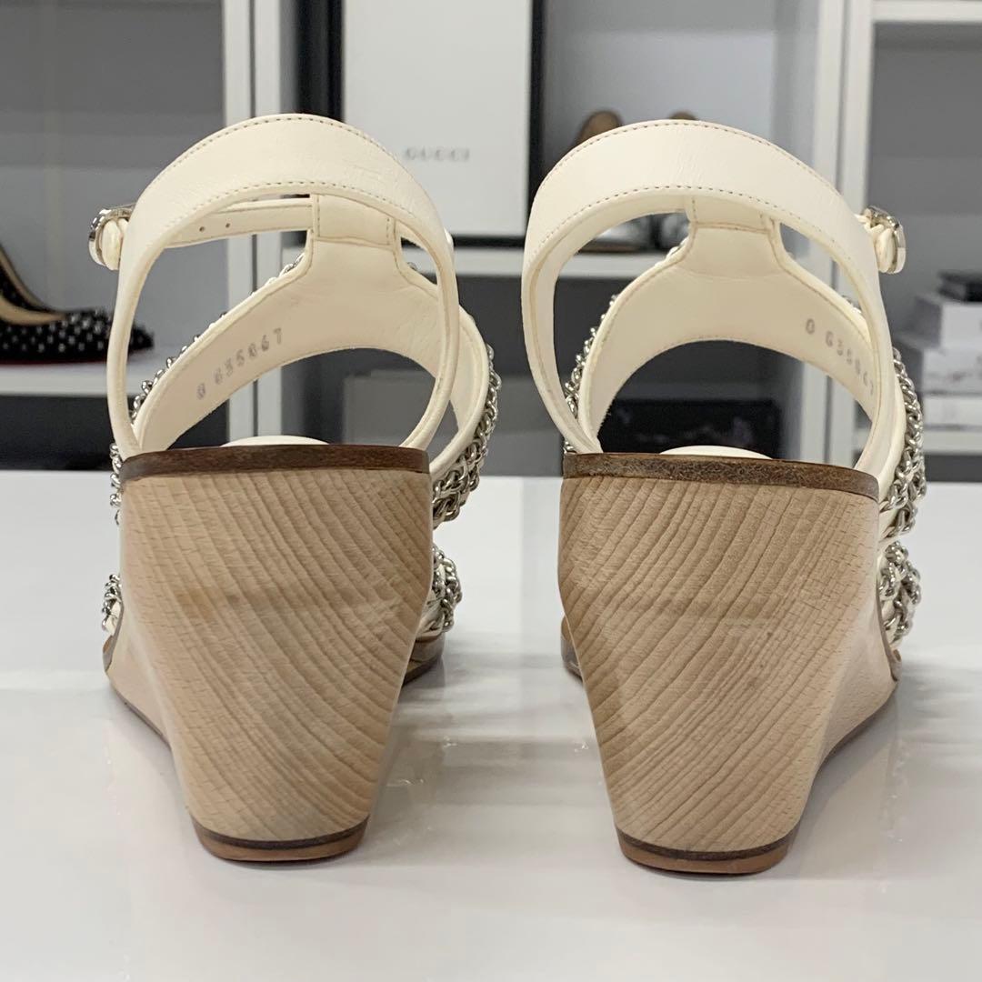 Chanel Leather Wood Coco Mark Chain Wedge Sole Sandals