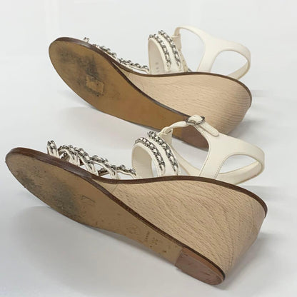 Chanel Leather Wood Coco Mark Chain Wedge Sole Sandals