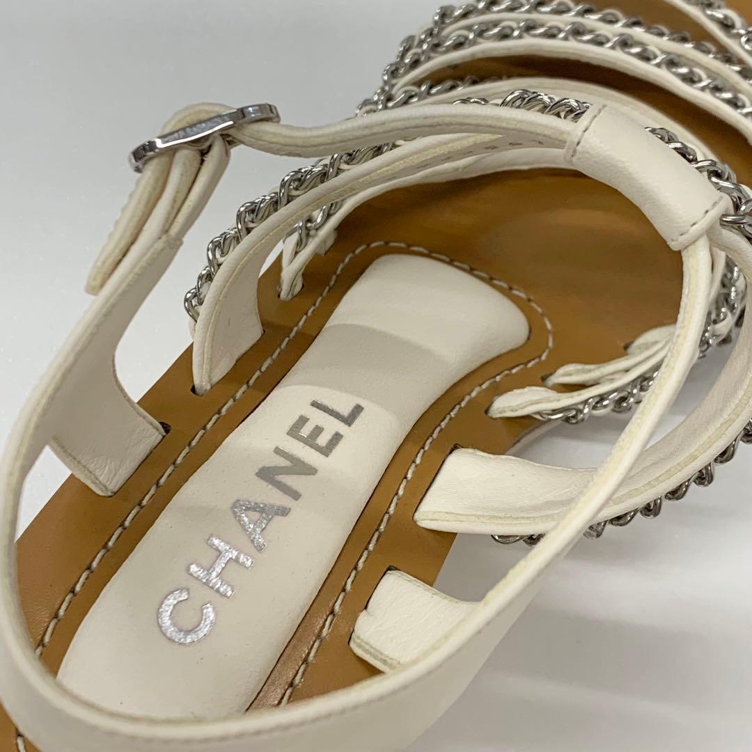 Chanel Leather Wood Coco Mark Chain Wedge Sole Sandals