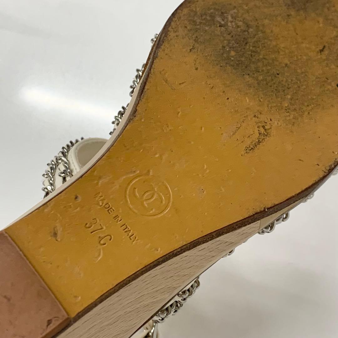 Chanel Leather Wood Coco Mark Chain Wedge Sole Sandals