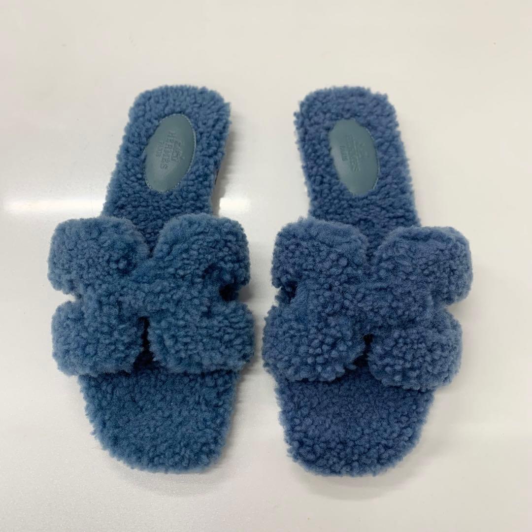 Hermes Oran Shearling Sandals Blue