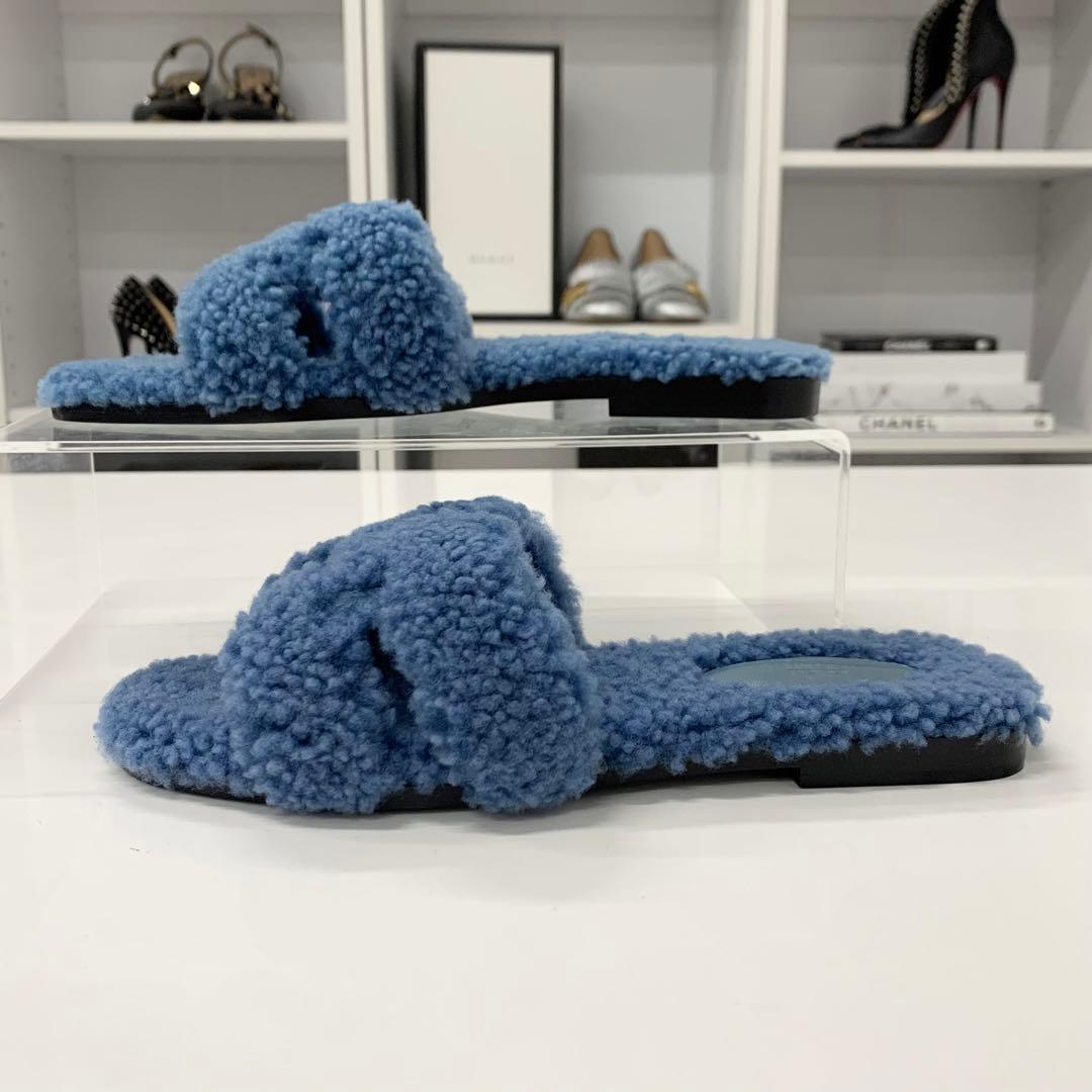 Hermes Oran Shearling Sandals Blue