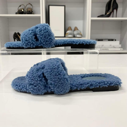 Hermes Oran Shearling Sandals Blue