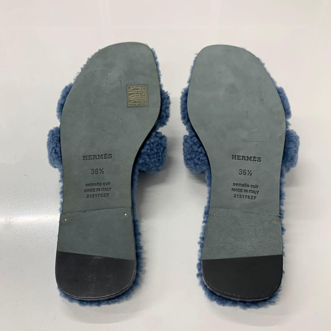 Hermes Oran Shearling Sandals Blue