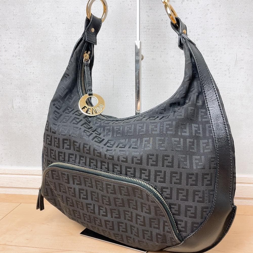 Fendi Zucchino Logo Charm Hobo Shoulder Bag Zucca