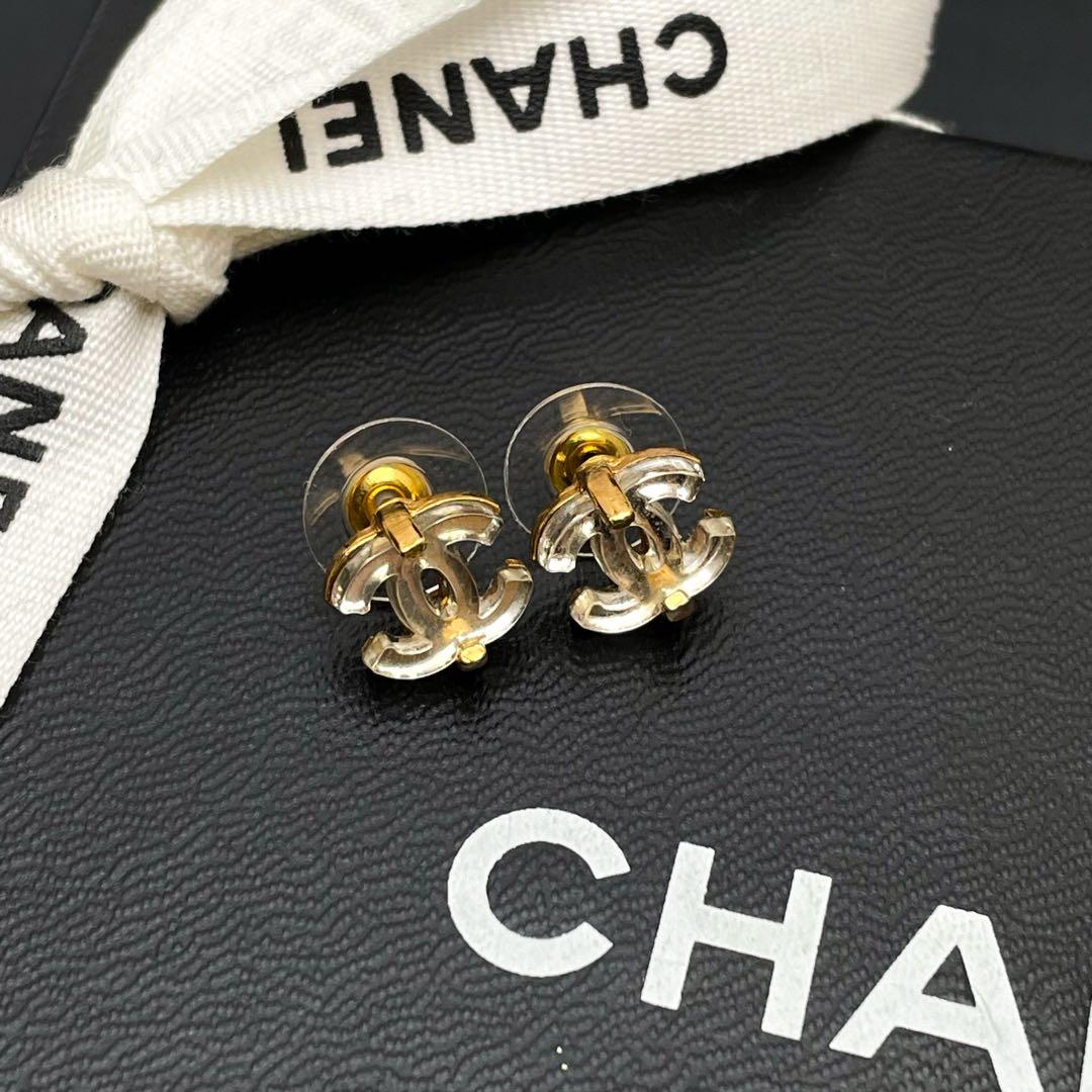 Chanel CC Logo Earrings Clear Icon Gold Coco