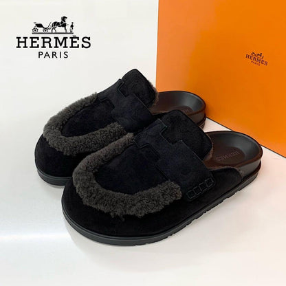 Hermes Go Suede Shearling Sandals Black