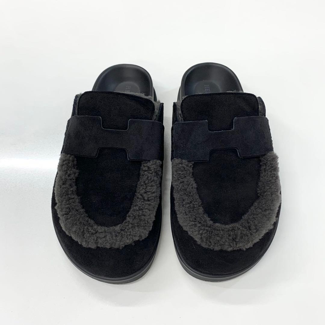 Hermes Go Suede Shearling Sandals Black — view 2