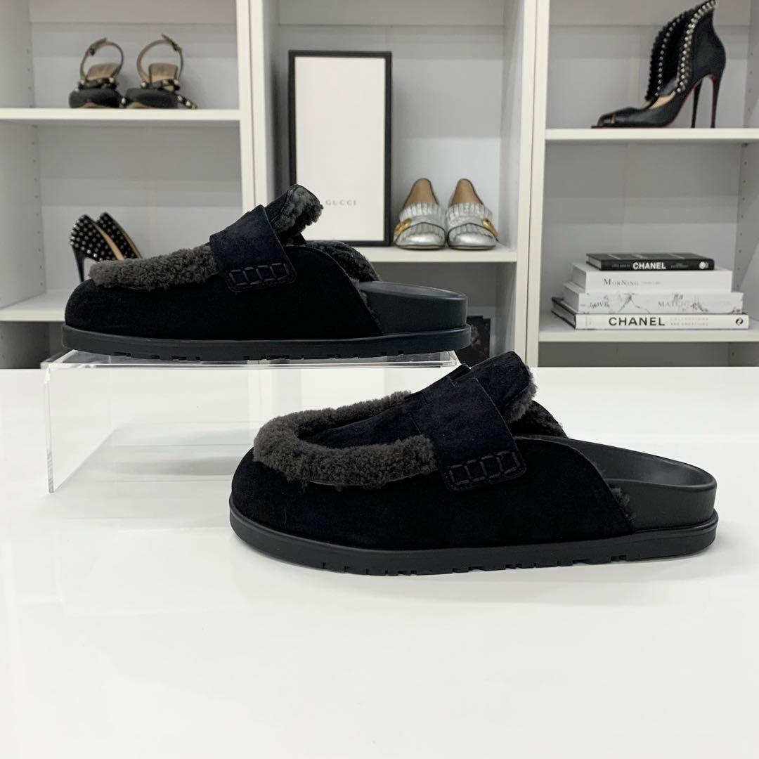 Hermes Go Suede Shearling Sandals Black — view 3