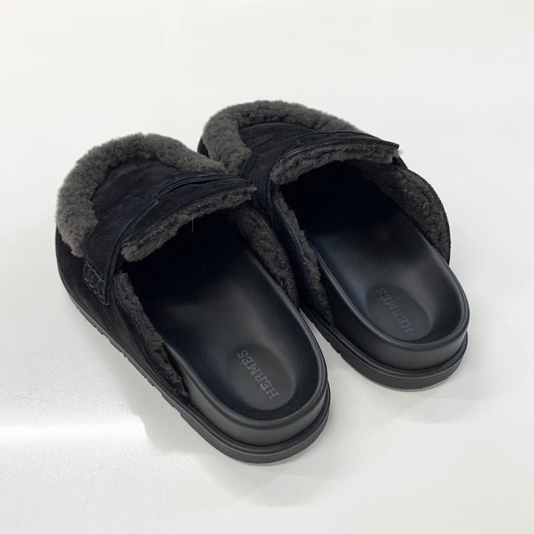 Hermes Go Suede Shearling Sandals Black — view 4
