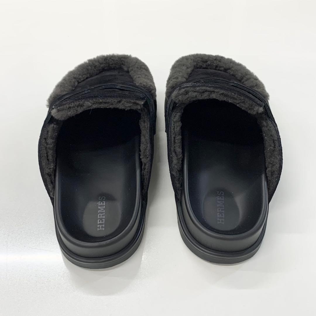 Hermes Go Suede Shearling Sandals Black — view 5