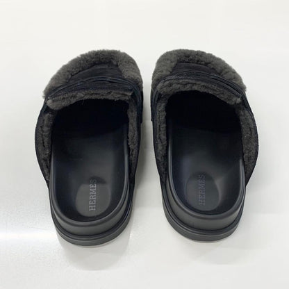 Hermes Go Suede Shearling Sandals Black — view 5
