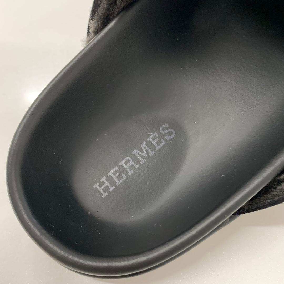 Hermes Go Suede Shearling Sandals Black — view 7