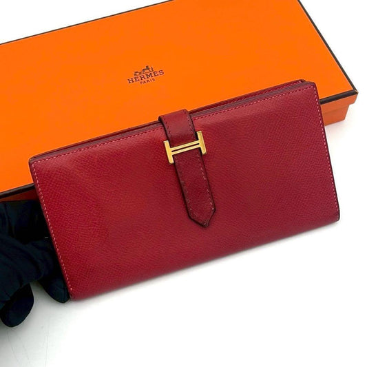 Hermes Bearn Souffle Red Fold Wallet Bifold Leather
