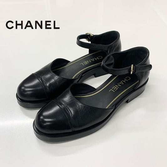 Chanel CC Logo Leather Strap Pumps Black Heels
