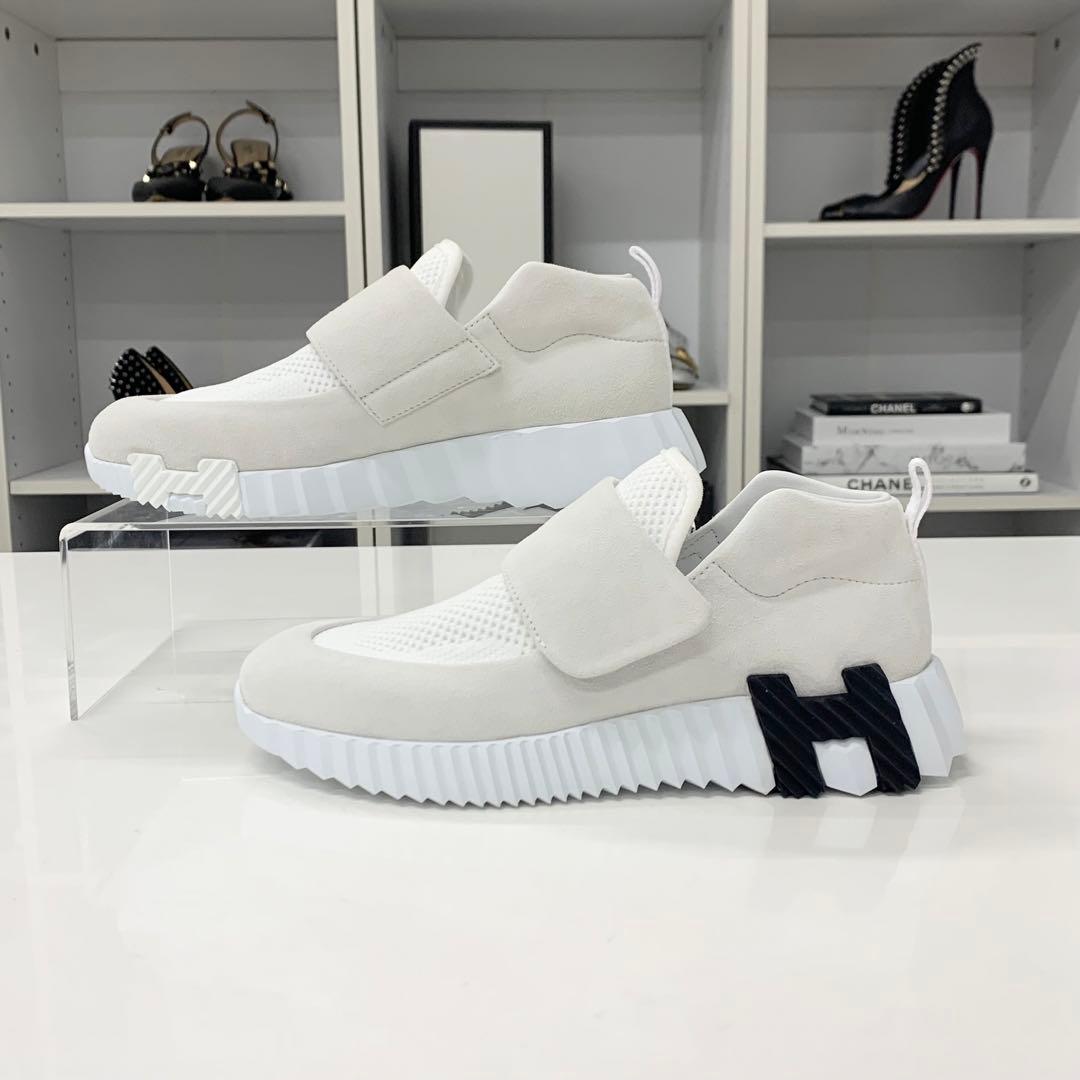 Hermes Suede Fabric Velcro Sneakers White