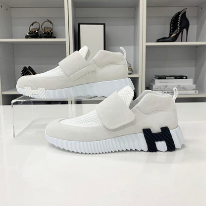 Hermes Suede Fabric Velcro Sneakers White
