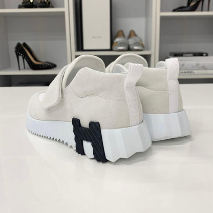 Hermes Suede Fabric Velcro Sneakers White