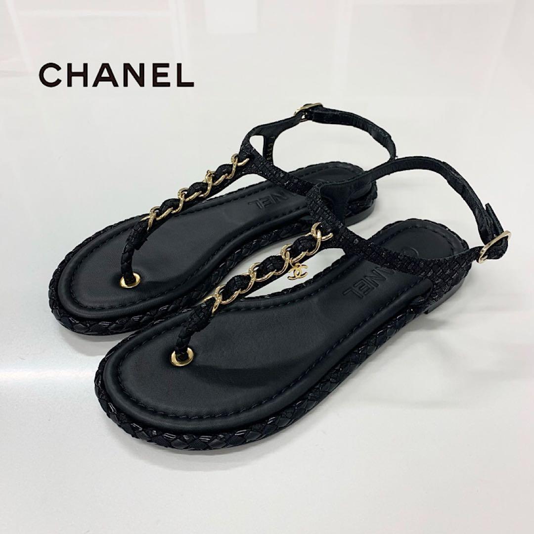 Chanel CC Logo Leather Chain Tweed Thong Sandals Black