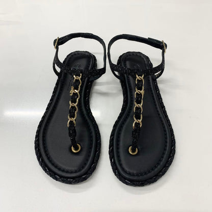 Chanel CC Logo Leather Chain Tweed Thong Sandals Black — view 2