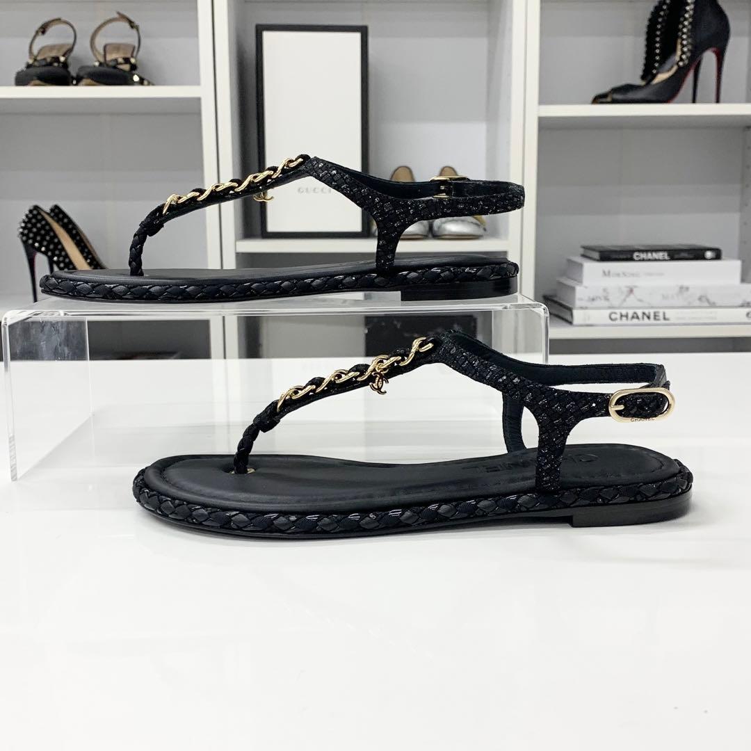 Chanel CC Logo Leather Chain Tweed Thong Sandals Black — view 3