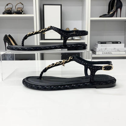 Chanel CC Logo Leather Chain Tweed Thong Sandals Black — view 3