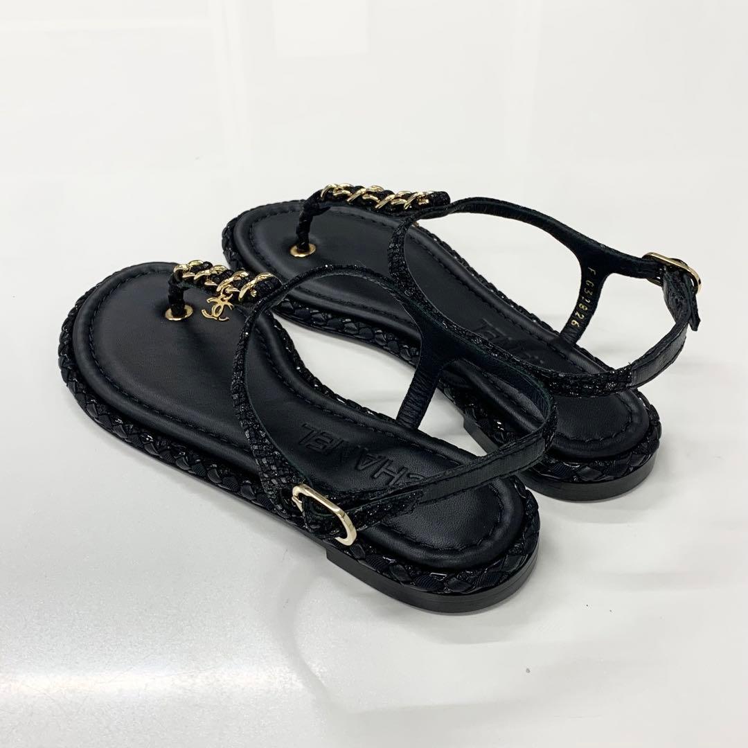 Chanel CC Logo Leather Chain Tweed Thong Sandals Black — view 4