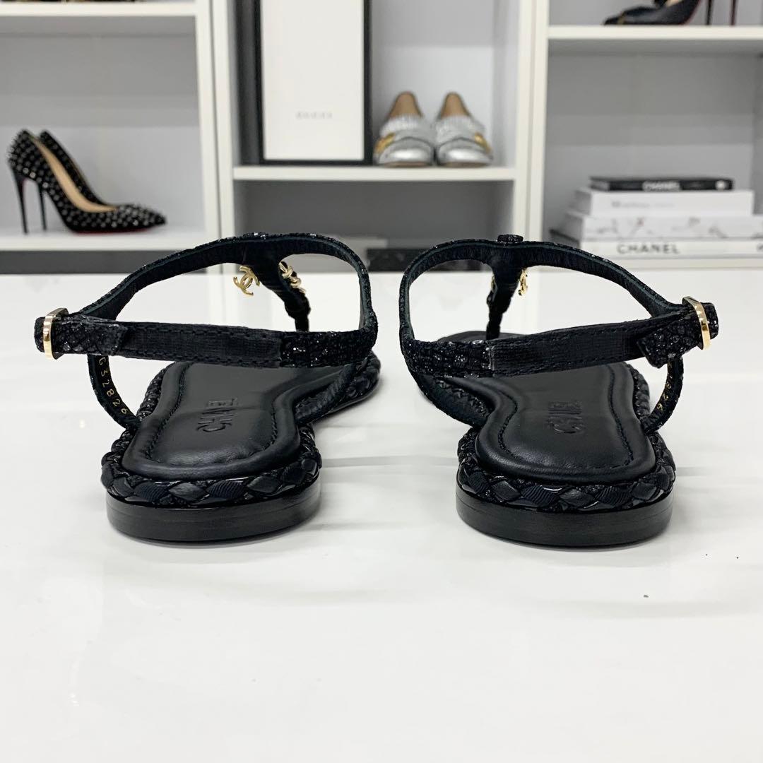 Chanel CC Logo Leather Chain Tweed Thong Sandals Black — view 5