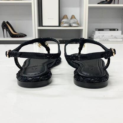 Chanel CC Logo Leather Chain Tweed Thong Sandals Black — view 5