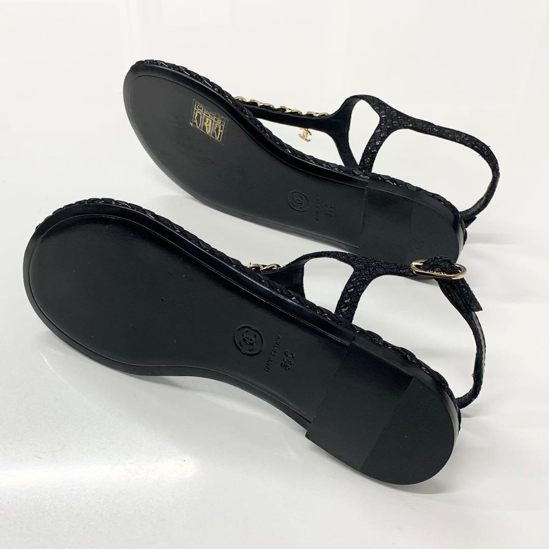 Chanel CC Logo Leather Chain Tweed Thong Sandals Black — view 6