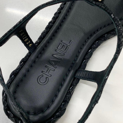 Chanel CC Logo Leather Chain Tweed Thong Sandals Black — view 7