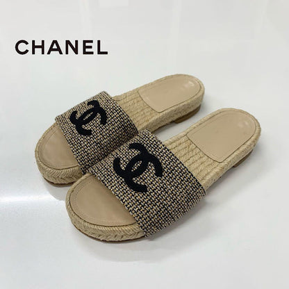 Chanel CC Logo Fabric Sandals Beige Gold