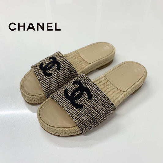 Chanel CC Logo Fabric Sandals Beige Gold