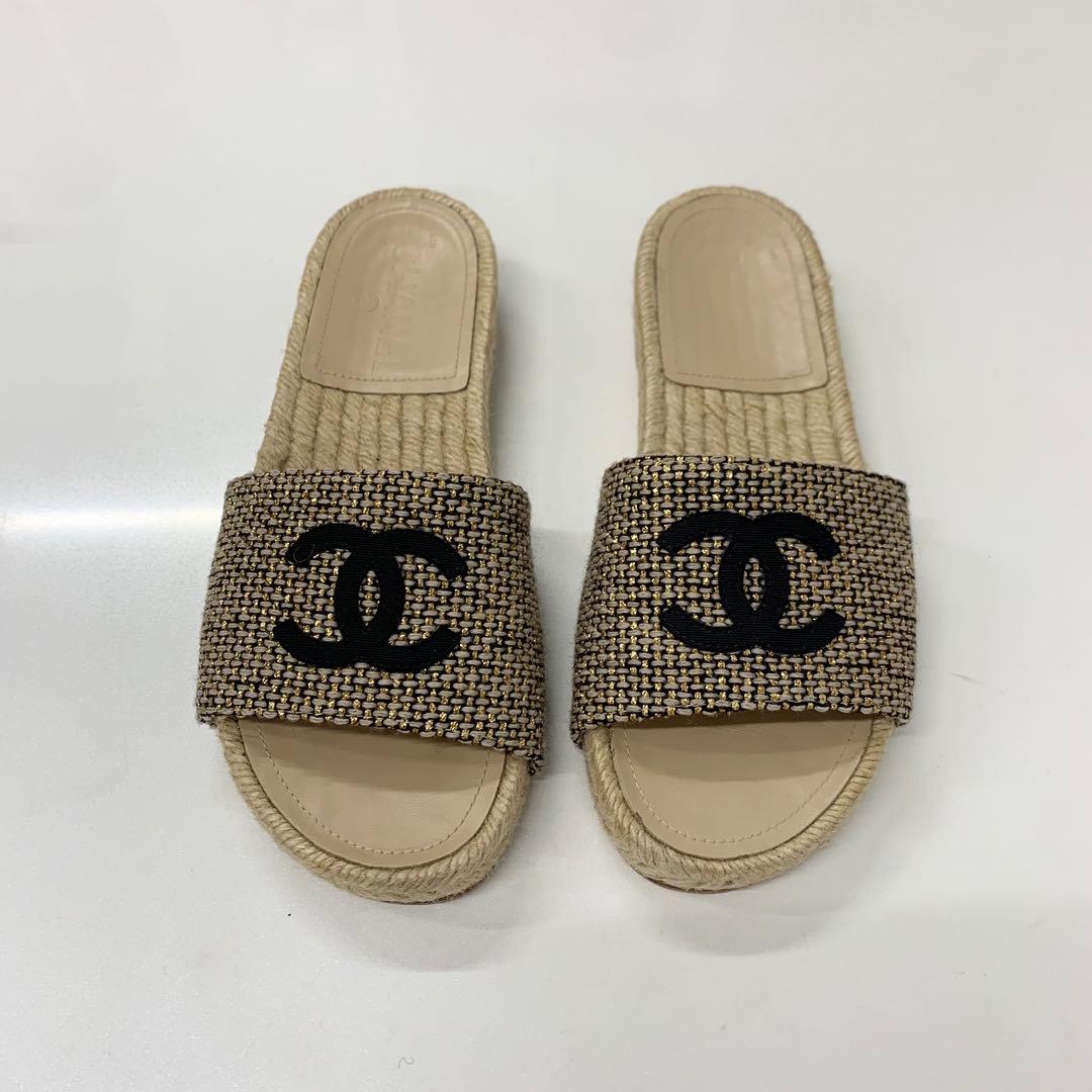Chanel CC Logo Fabric Sandals Beige Gold — view 2