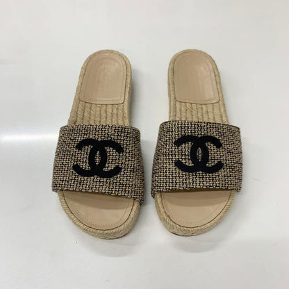 Chanel CC Logo Fabric Sandals Beige Gold — view 2