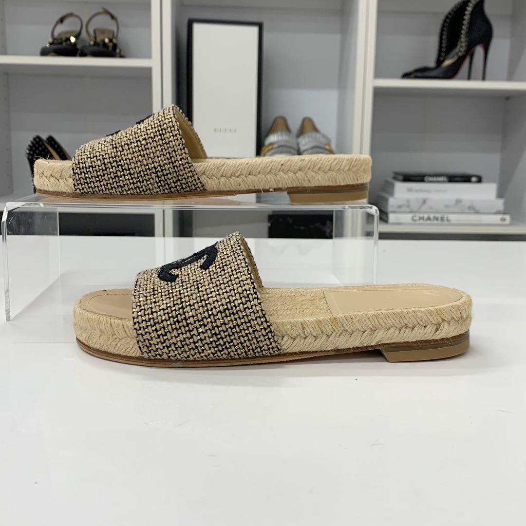 Chanel CC Logo Fabric Sandals Beige Gold — view 3