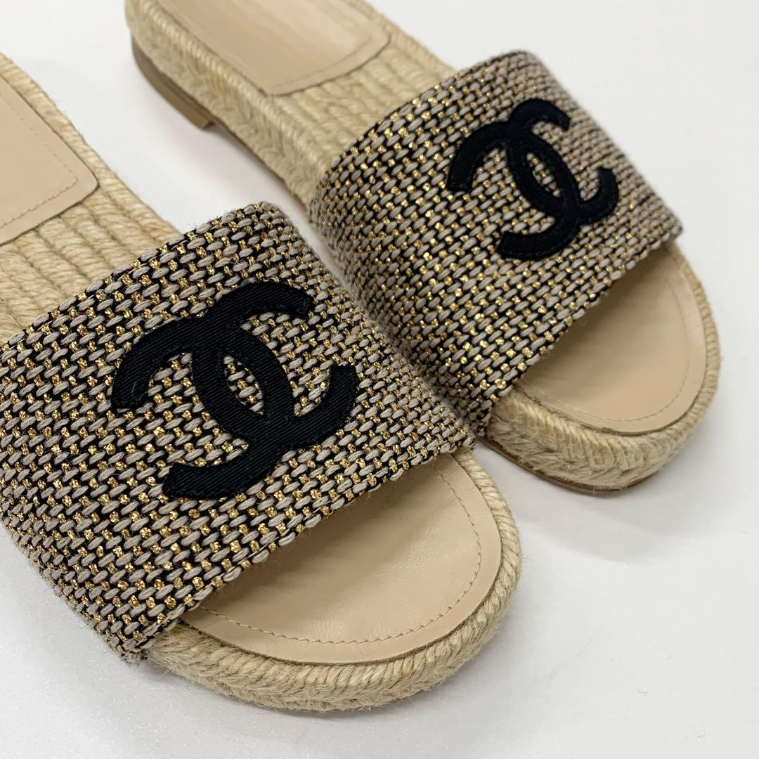 Chanel CC Logo Fabric Sandals Beige Gold — view 9