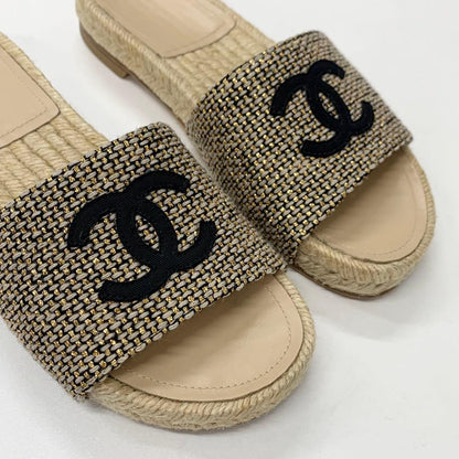 Chanel CC Logo Fabric Sandals Beige Gold — view 9