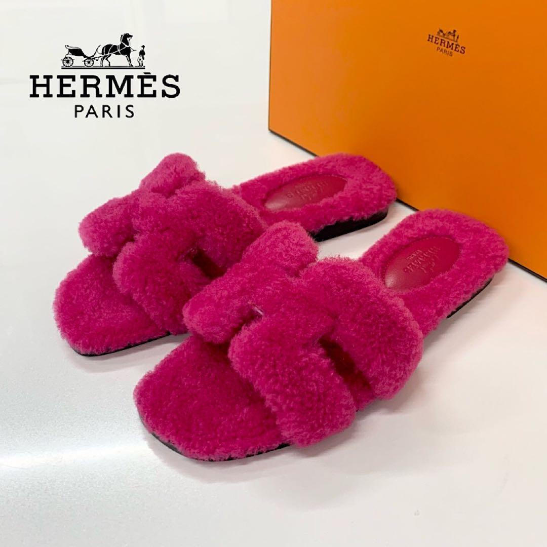 Hermes Oran Shearling Sandals Pink