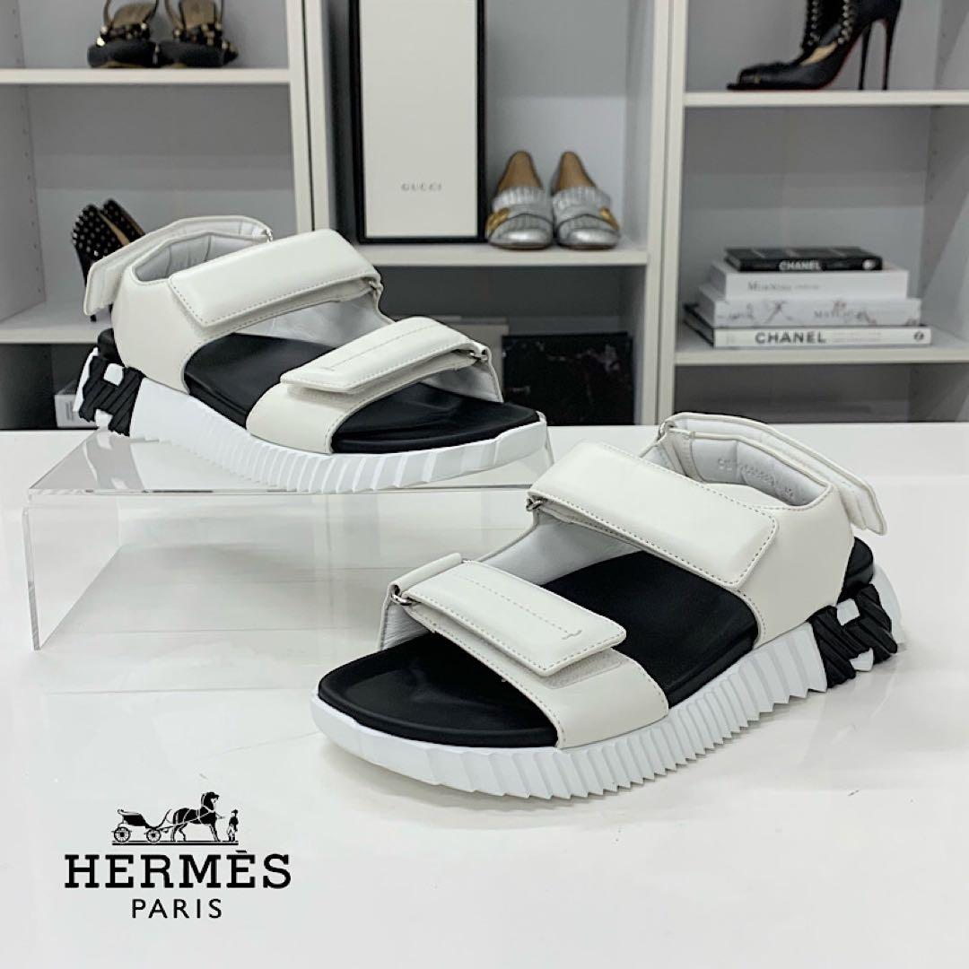 Hermes Junior Logo Leather Velcro Sandals White Black