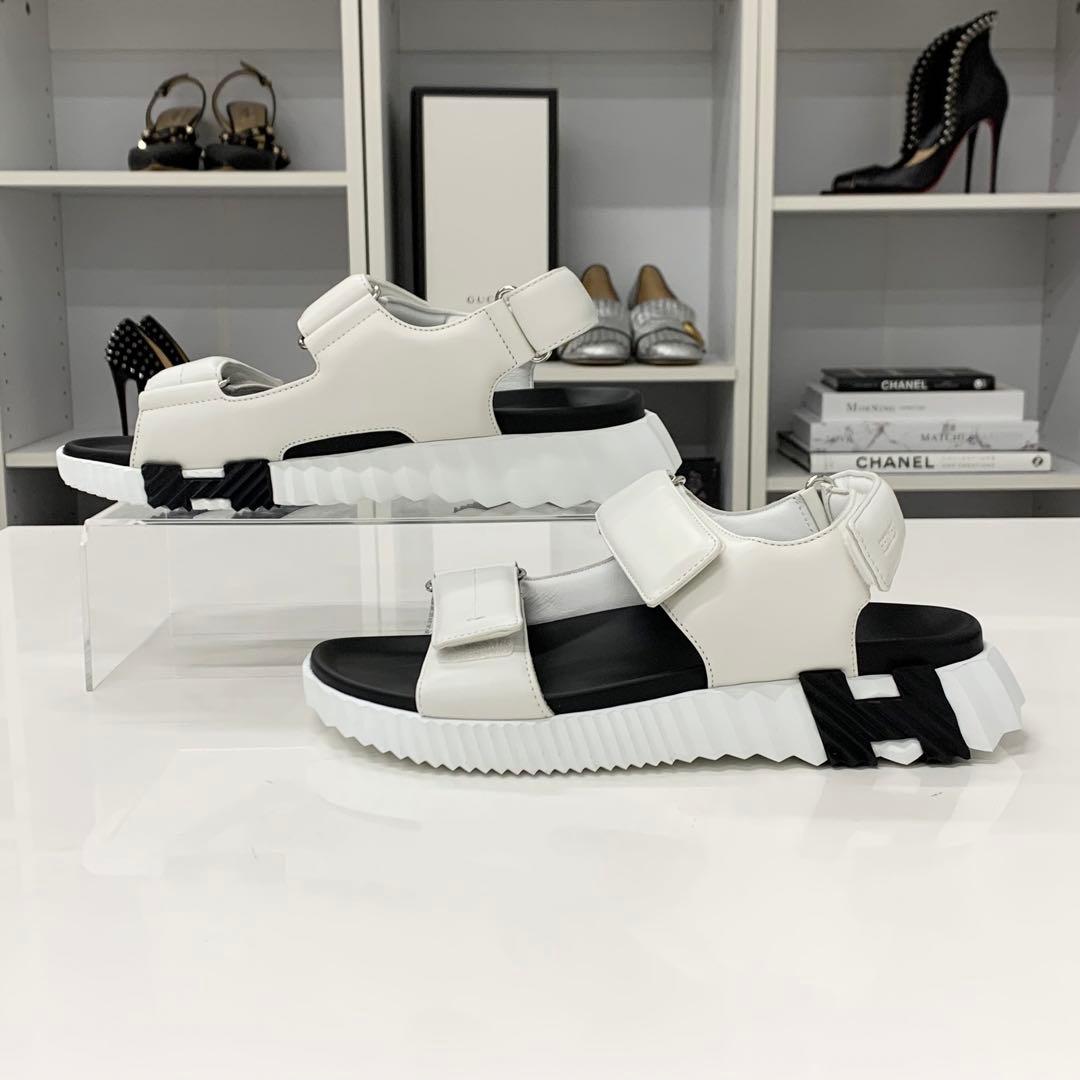 Hermes Junior Logo Leather Velcro Sandals White Black — view 2