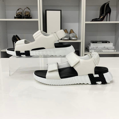 Hermes Junior Logo Leather Velcro Sandals White Black — view 2