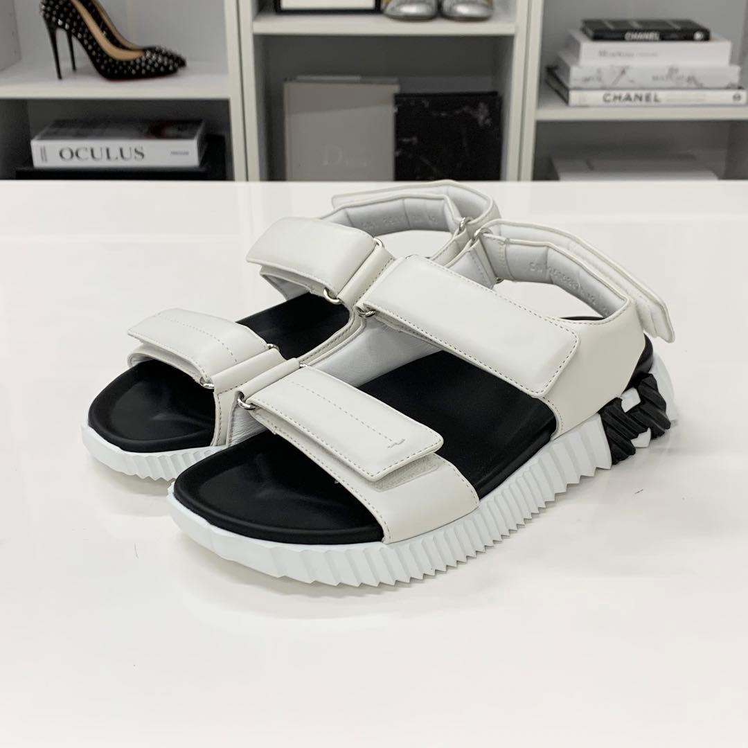 Hermes Junior Logo Leather Velcro Sandals White Black — view 3