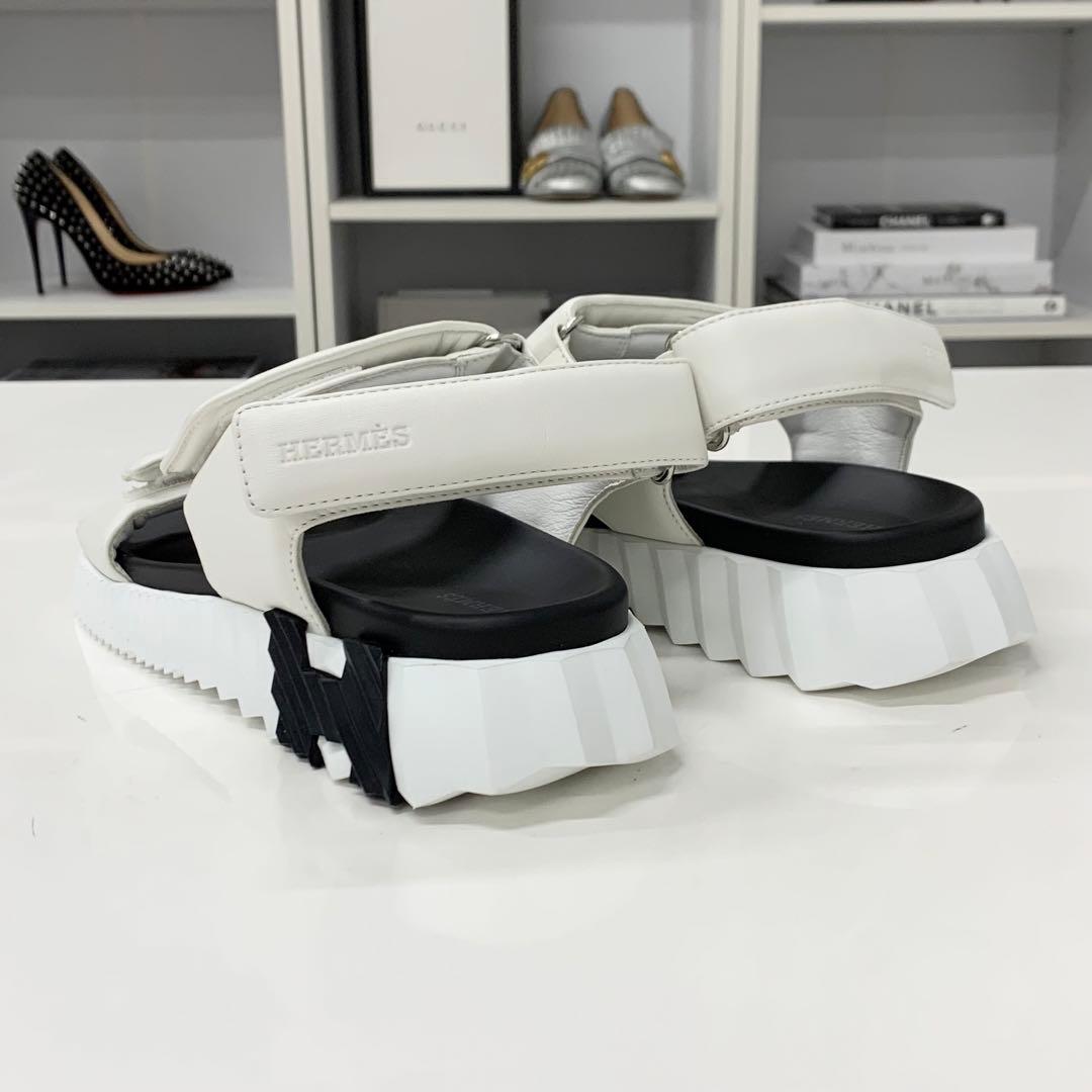 Hermes Junior Logo Leather Velcro Sandals White Black — view 5