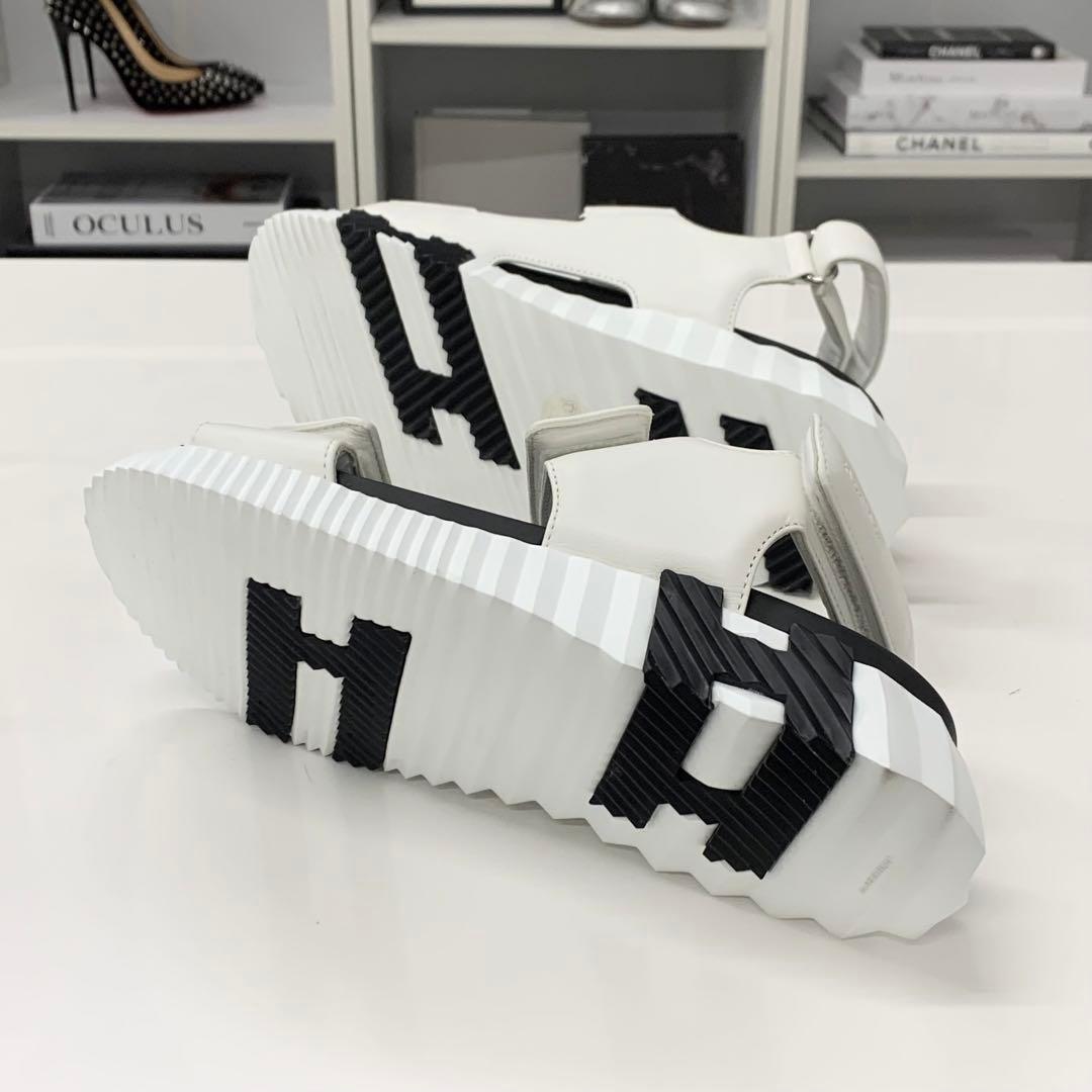 Hermes Junior Logo Leather Velcro Sandals White Black — view 7