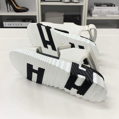 Hermes Junior Logo Leather Velcro Sandals White Black — view 7