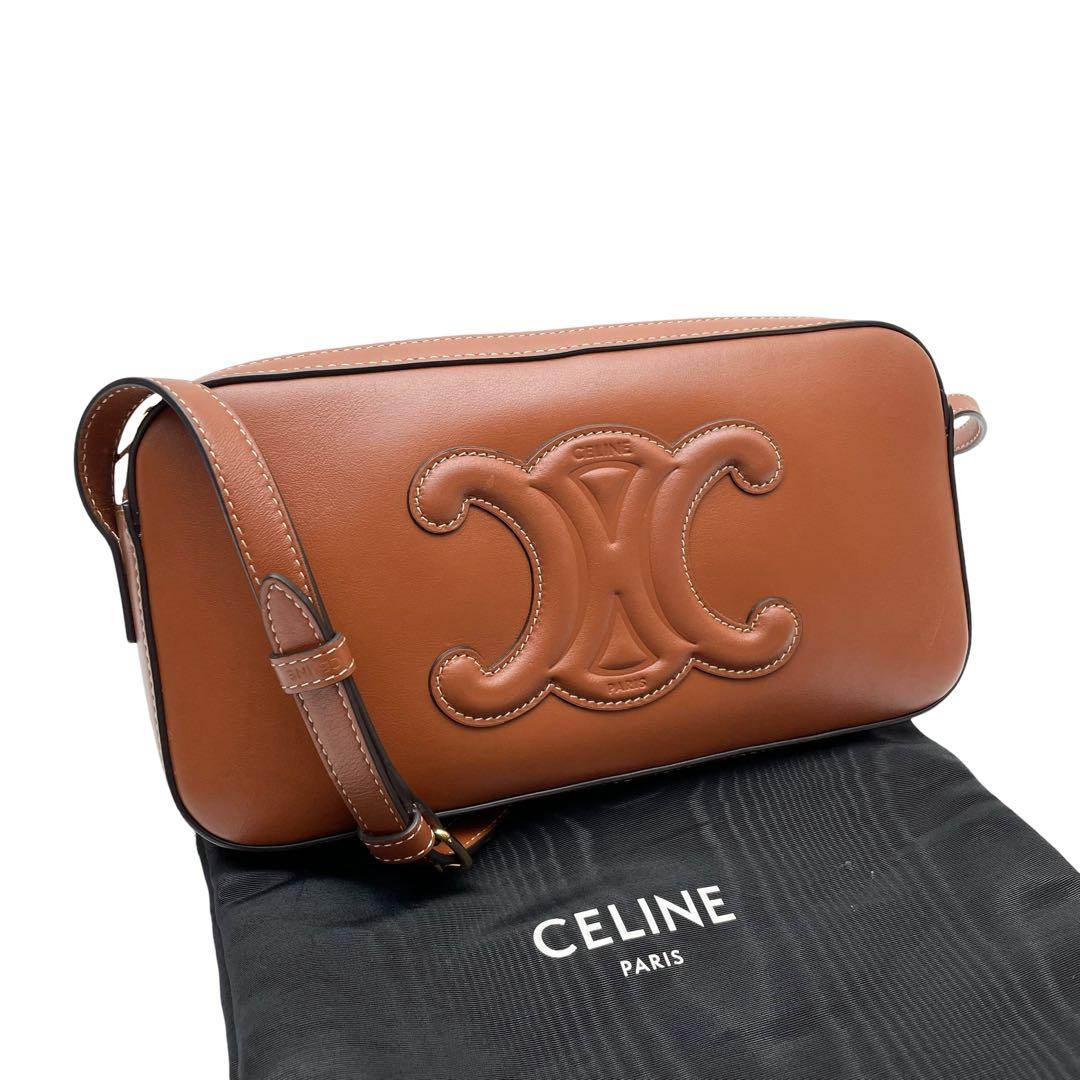 Celine Leather Triomphe Logo Shoulder Hand Bag Brown